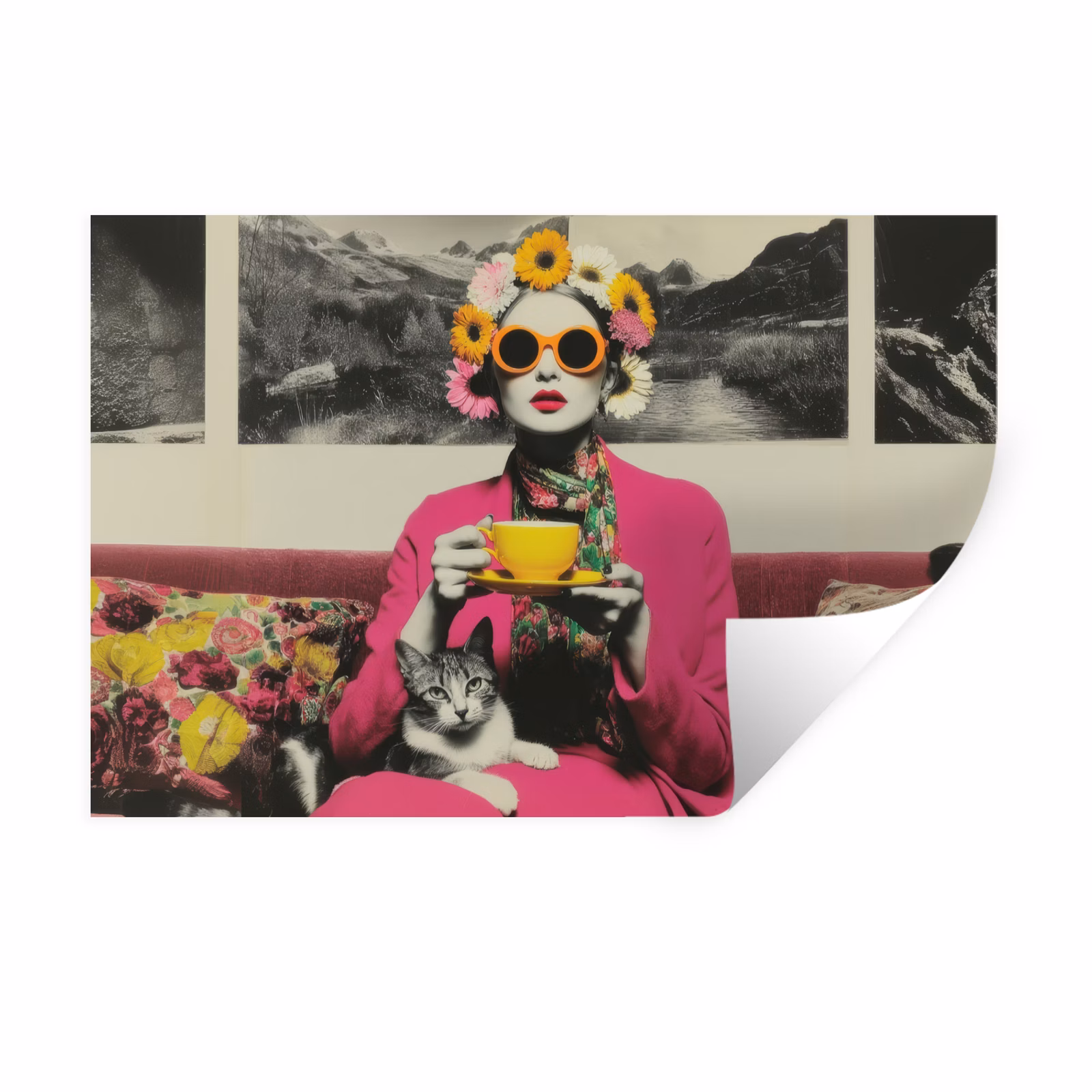 Muursticker - Vrouw - Kat - Bloemen - Kopje - Retro — 1