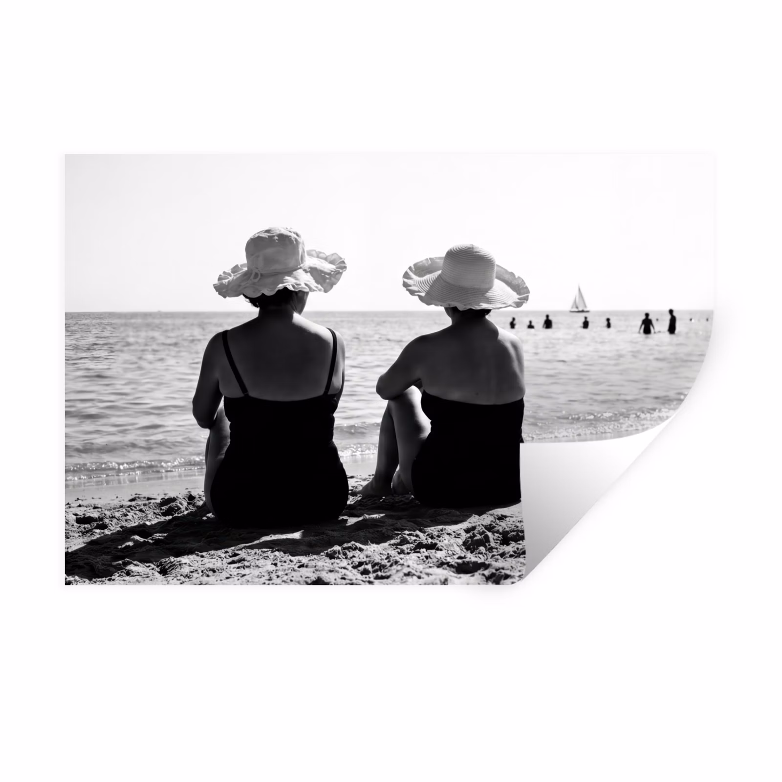 Muursticker - Vrouwen - Zonnehoed - Strand - Zwart - Wit — 1