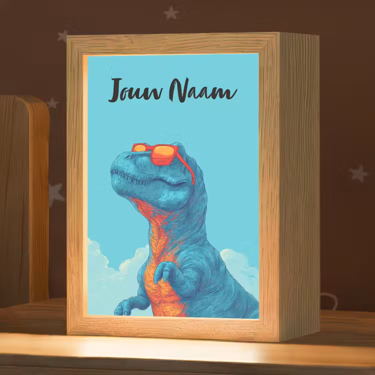 Nachtlampje met naam - Dino - Blauw - Zonnebril - Wolken — 1