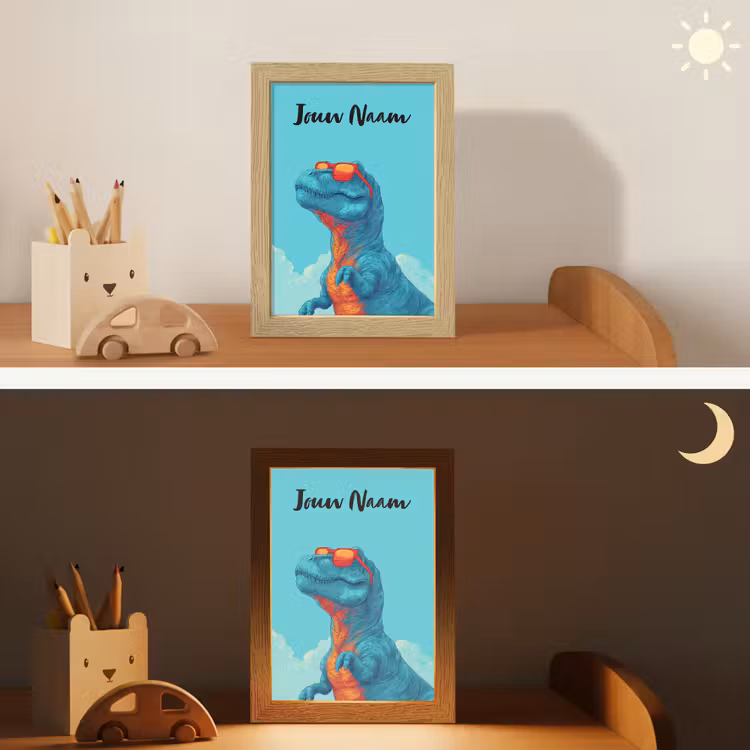 Nachtlampje met naam - Dino - Blauw - Zonnebril - Wolken — 5