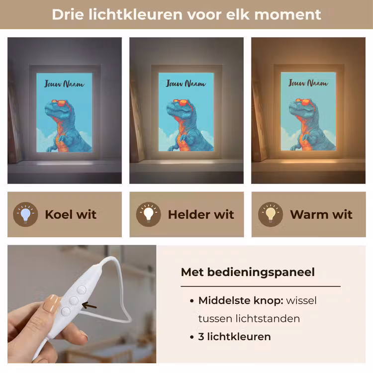 Nachtlampje met naam - Dino - Blauw - Zonnebril - Wolken — 7