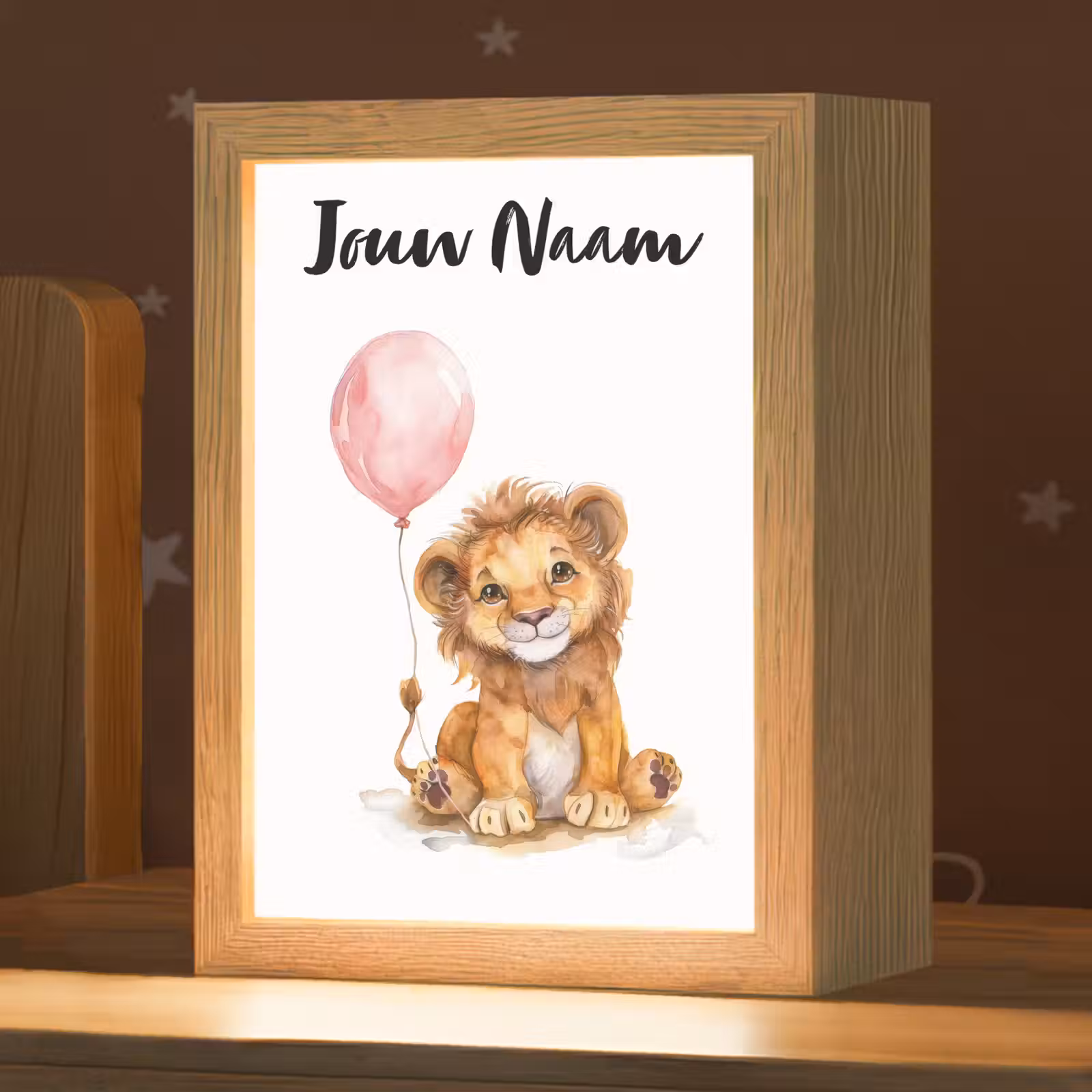 Nachtlampje met naam - Leeuw - Baby dier - Dieren - Roze ballon — 1