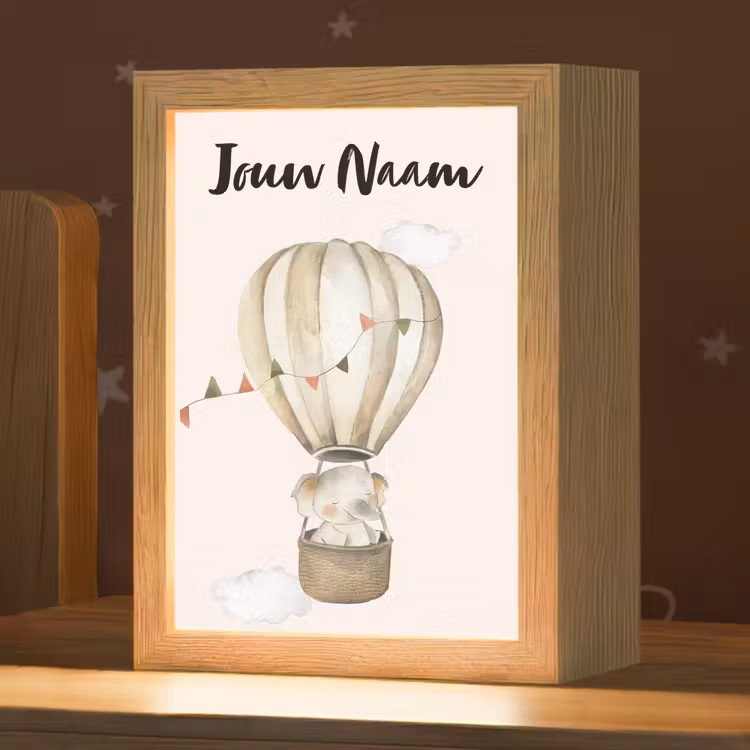 Nachtlampje met naam - Luchtballon - Olifant - Watercolor - Beige - Dieren — 1