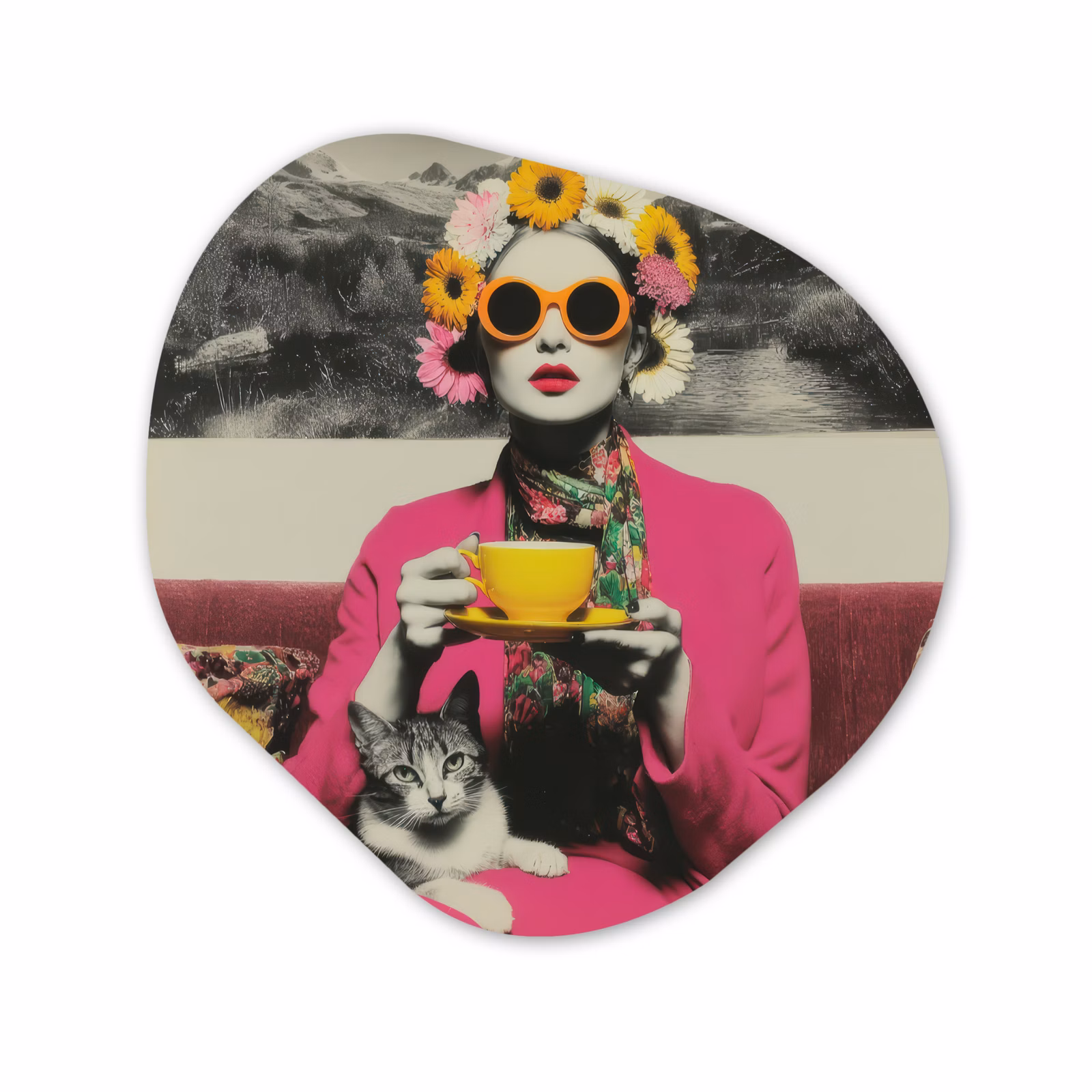 Organisch schilderij forex - Vrouw - Kat - Bloemen - Kopje - Retro — 1