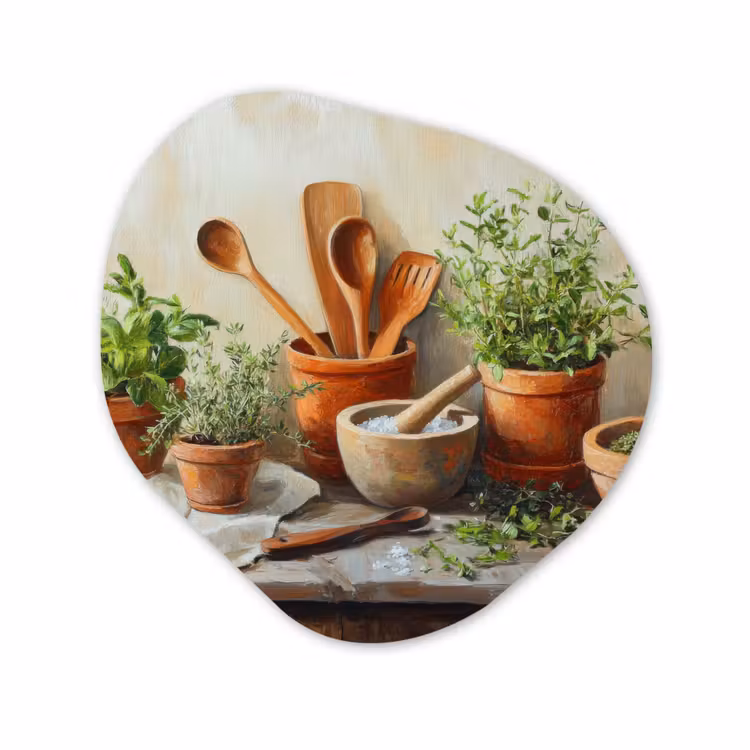 Organisch schilderij glas - Potten - Kruiden - Hout — 1