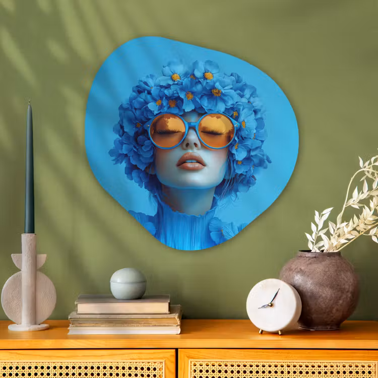 Organisch schilderij glas - Vrouw - Bloem - Blauw - Modern - Bril - Portret — 2