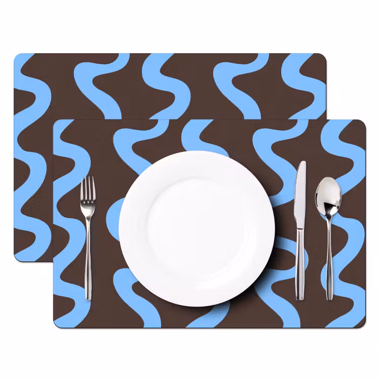 Placemat - 6 stuks - Kronkelende lijnen - Blauw - Bruin - Minimalistisch — 2