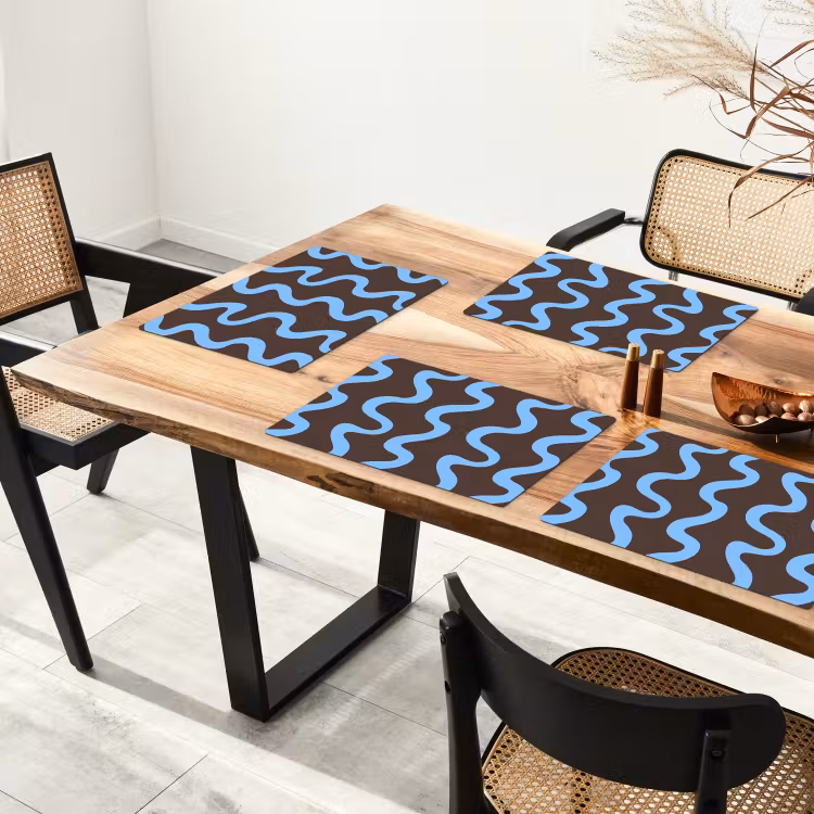 Placemat - 6 stuks - Kronkelende lijnen - Blauw - Bruin - Minimalistisch — 5
