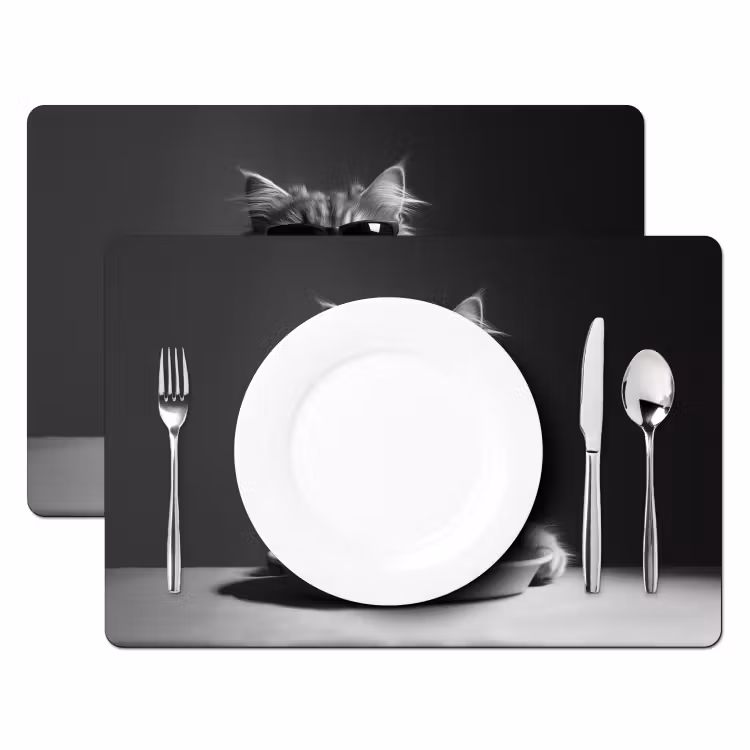 Placemat - 6 stuks - Langharige kat - Zonnebril - Spaghetti - Humor - Zwart - wit — 2