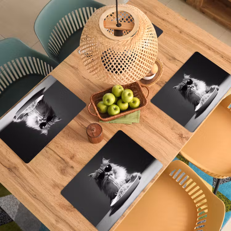 Placemat - 6 stuks - Langharige kat - Zonnebril - Spaghetti - Humor - Zwart - wit — 6