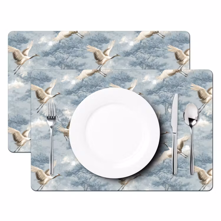 Placemat - 6 stuks - Wolken - Kraanvogels - Blauw — 2