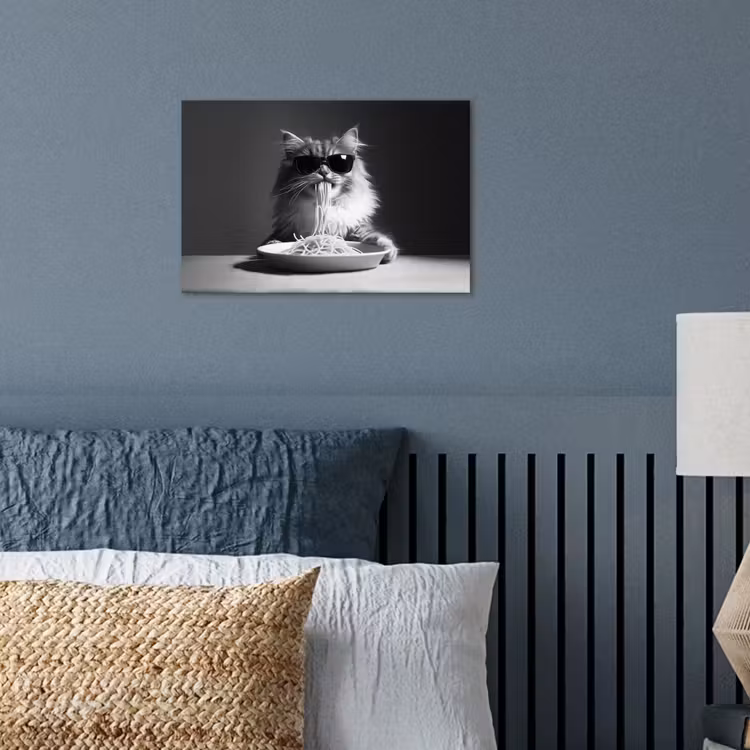 Poster - Langharige kat - Zonnebril - Spaghetti - Humor - Zwart - wit — 3