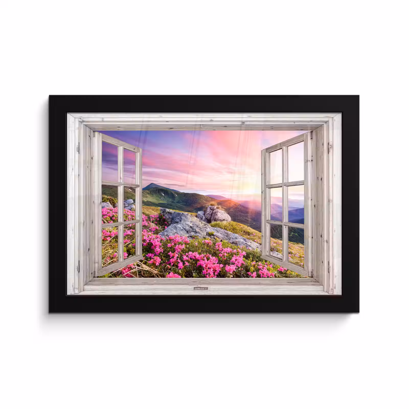 Poster met lijst - Bergen - Landschap - Doorkijk - Bloemen - Avond - Roze — 1