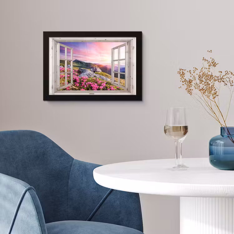 Poster met lijst - Bergen - Landschap - Doorkijk - Bloemen - Avond - Roze — 2