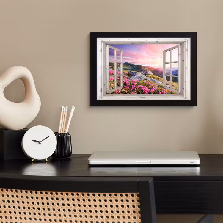 Poster met lijst - Bergen - Landschap - Doorkijk - Bloemen - Avond - Roze — 3