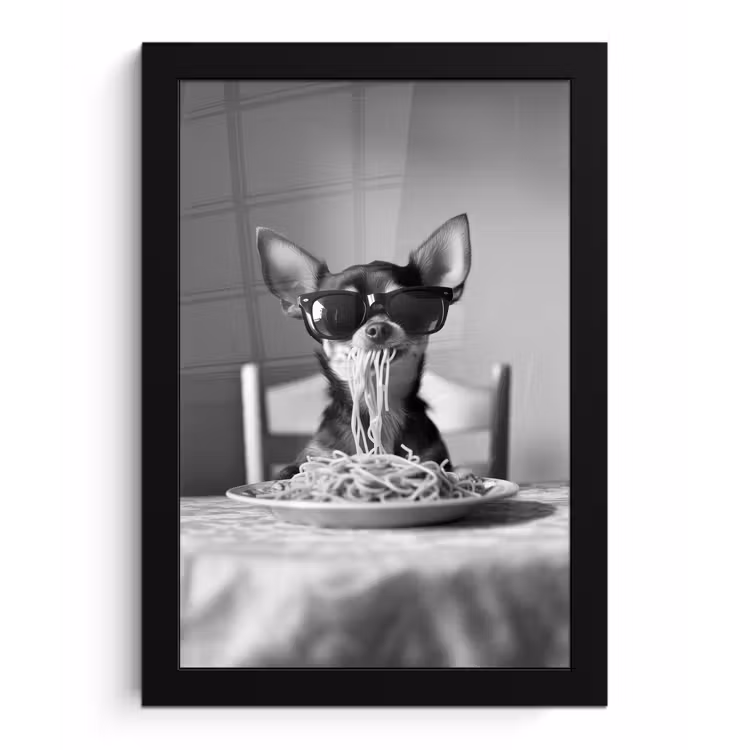 Poster met lijst - Chihuahua - Hond - Zonnebril - Humoristisch - Zwart - Wit - Spaghetti — 1