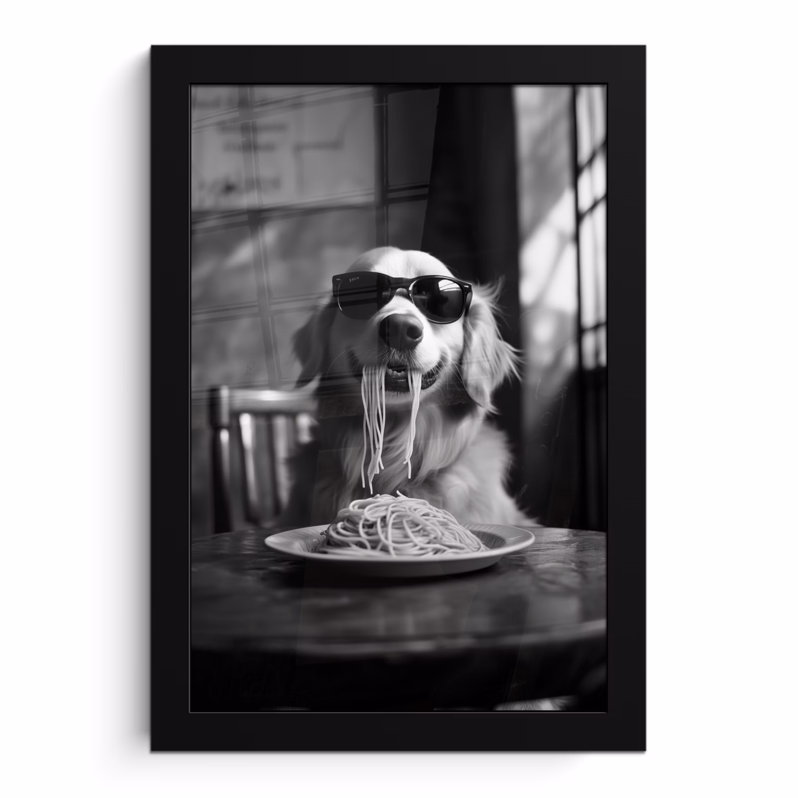 Poster met lijst - Golden Retriever - Hond - Vrolijk - Bord spaghetti - Zwart - wit — 1