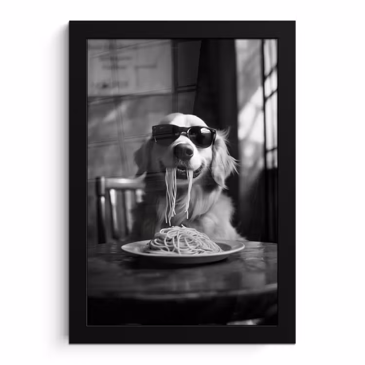 Poster met lijst - Golden Retriever - Hond - Vrolijk - Bord spaghetti - Zwart - wit — 1