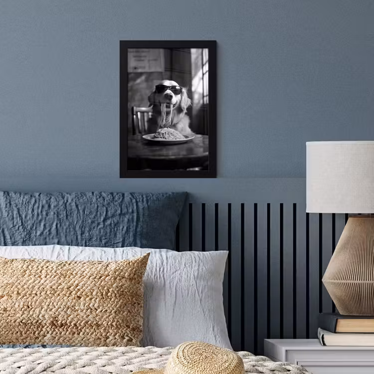 Poster met lijst - Golden Retriever - Hond - Vrolijk - Bord spaghetti - Zwart - wit — 4