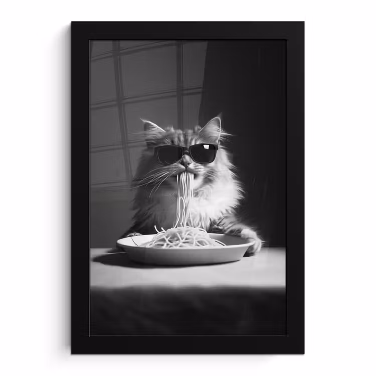 Poster met lijst - Langharige kat - Zonnebril - Spaghetti - Humor - Zwart - wit — 1
