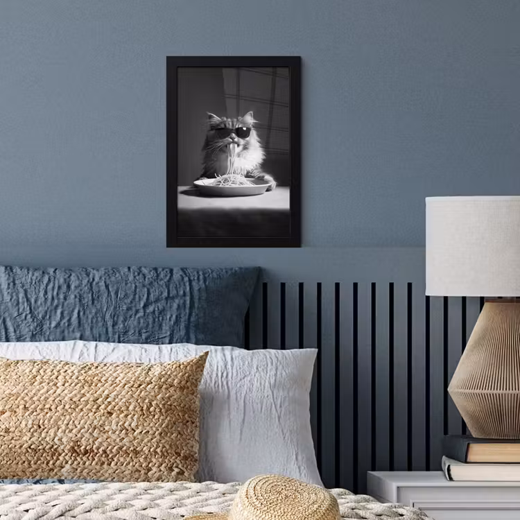 Poster met lijst - Langharige kat - Zonnebril - Spaghetti - Humor - Zwart - wit — 4