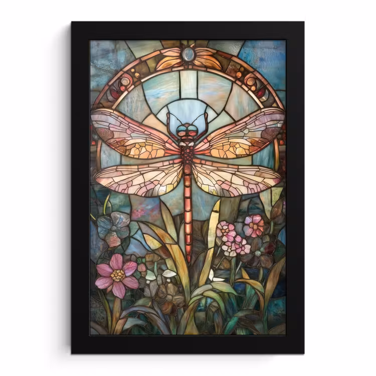 Poster met lijst - Libelle - Mozaïek - Bloemen - Kleurrijk — 1