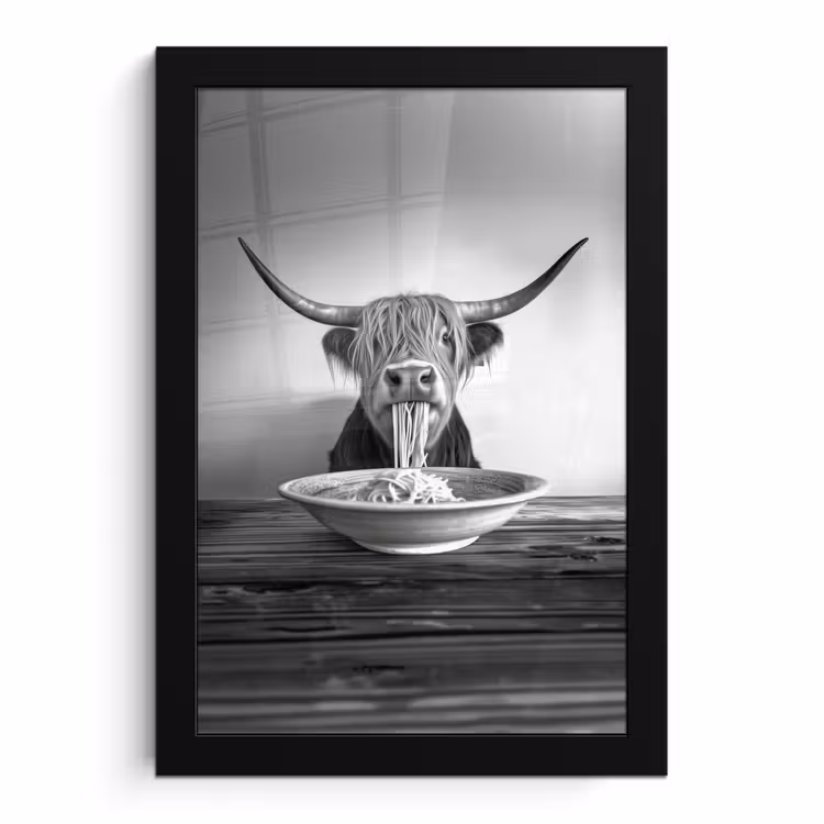 Poster met lijst - Schotse Hooglander - Spaghetti - Dieren - Zwart wit — 1