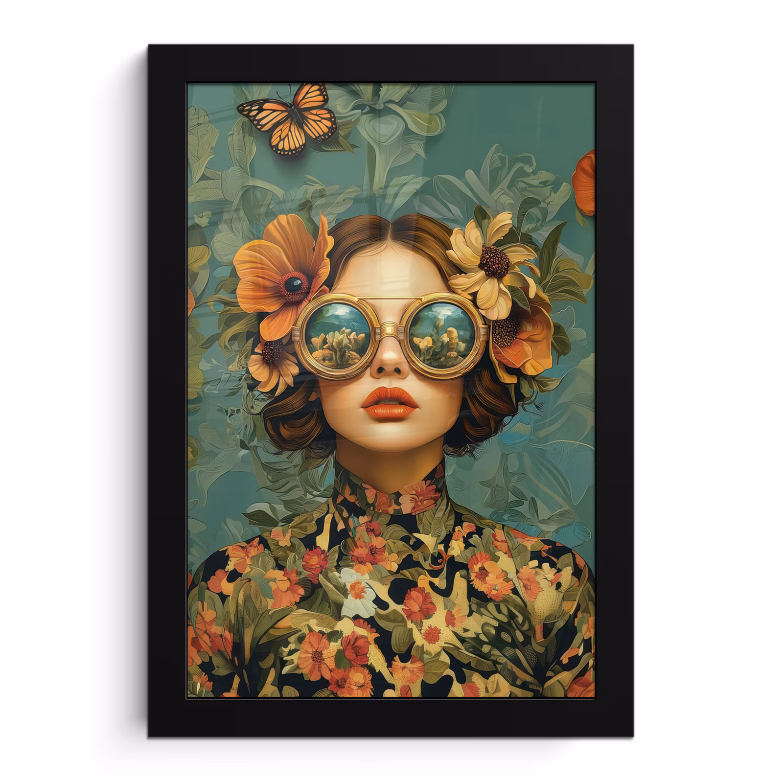 Poster met lijst - Vrouw - Bloemen - Vlinders - Natuur - Vintage — 1