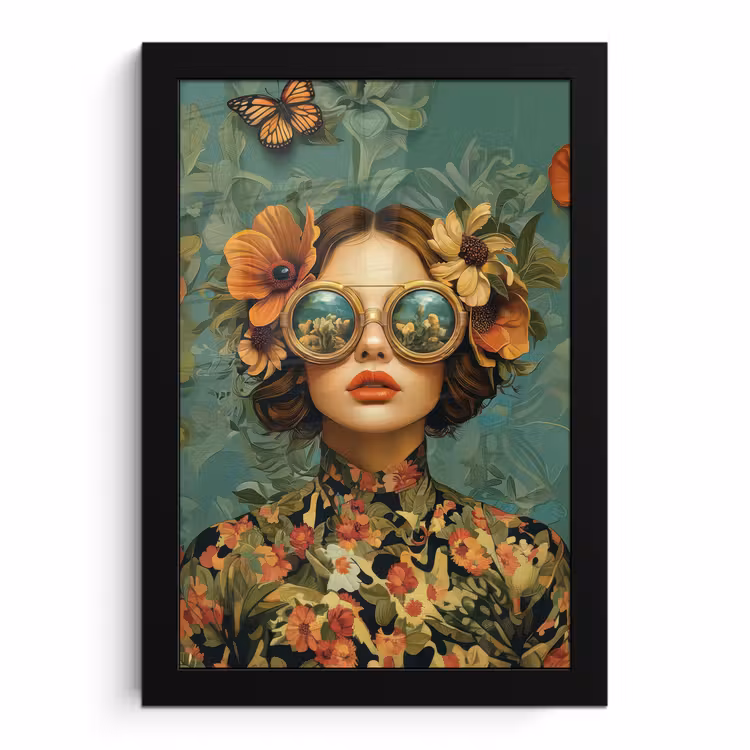 Poster met lijst - Vrouw - Bloemen - Vlinders - Natuur - Vintage — 1