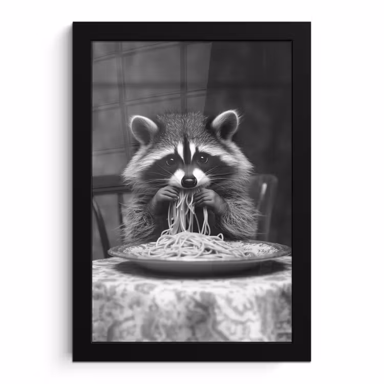 Poster met lijst - Wasbeer - Cute - Pasta - Tafelkleed - Zwart - Wit — 1