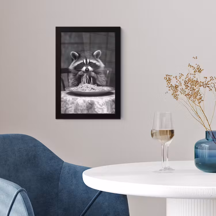 Poster met lijst - Wasbeer - Cute - Pasta - Tafelkleed - Zwart - Wit — 2