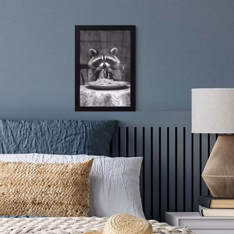 Poster met lijst - Wasbeer - Cute - Pasta - Tafelkleed - Zwart - Wit — 4