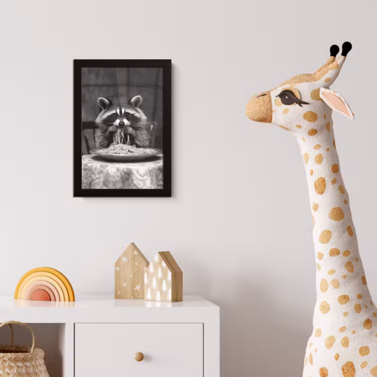 Poster met lijst - Wasbeer - Cute - Pasta - Tafelkleed - Zwart - Wit — 5