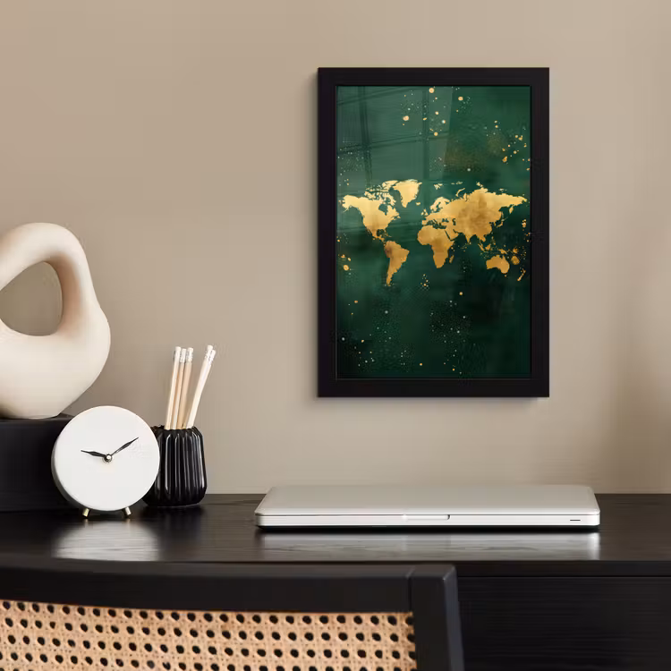 Poster met lijst - Wereldkaart - Groen - Goud — 3