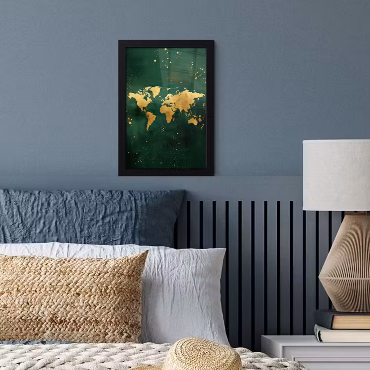 Poster met lijst - Wereldkaart - Groen - Goud — 4