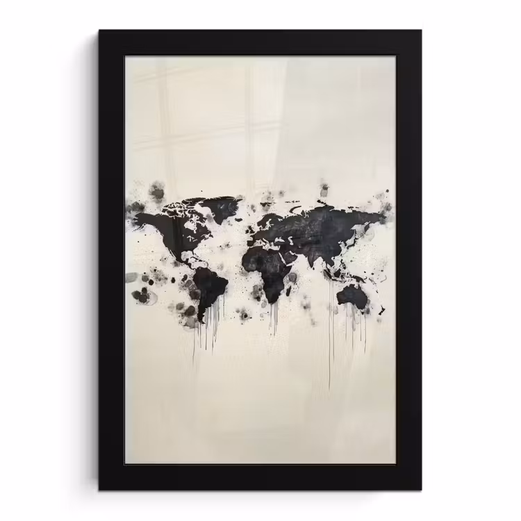 Poster met lijst - Wereldkaart - Zwart - Inkt — 1