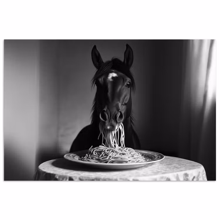 Poster - Paard - Bord - Pasta - Tafelkleed - Zwart Wit - Dieren — 1