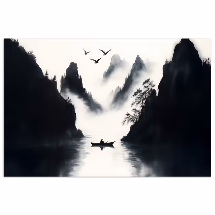 Poster - Roeiboot - Mistig - Bergen - Vogels — 1