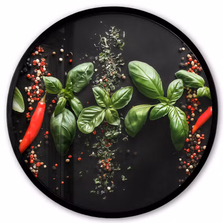 Ronde fotolijst - Chilipepers - Basilicum - Blaadjes - Rood — 1
