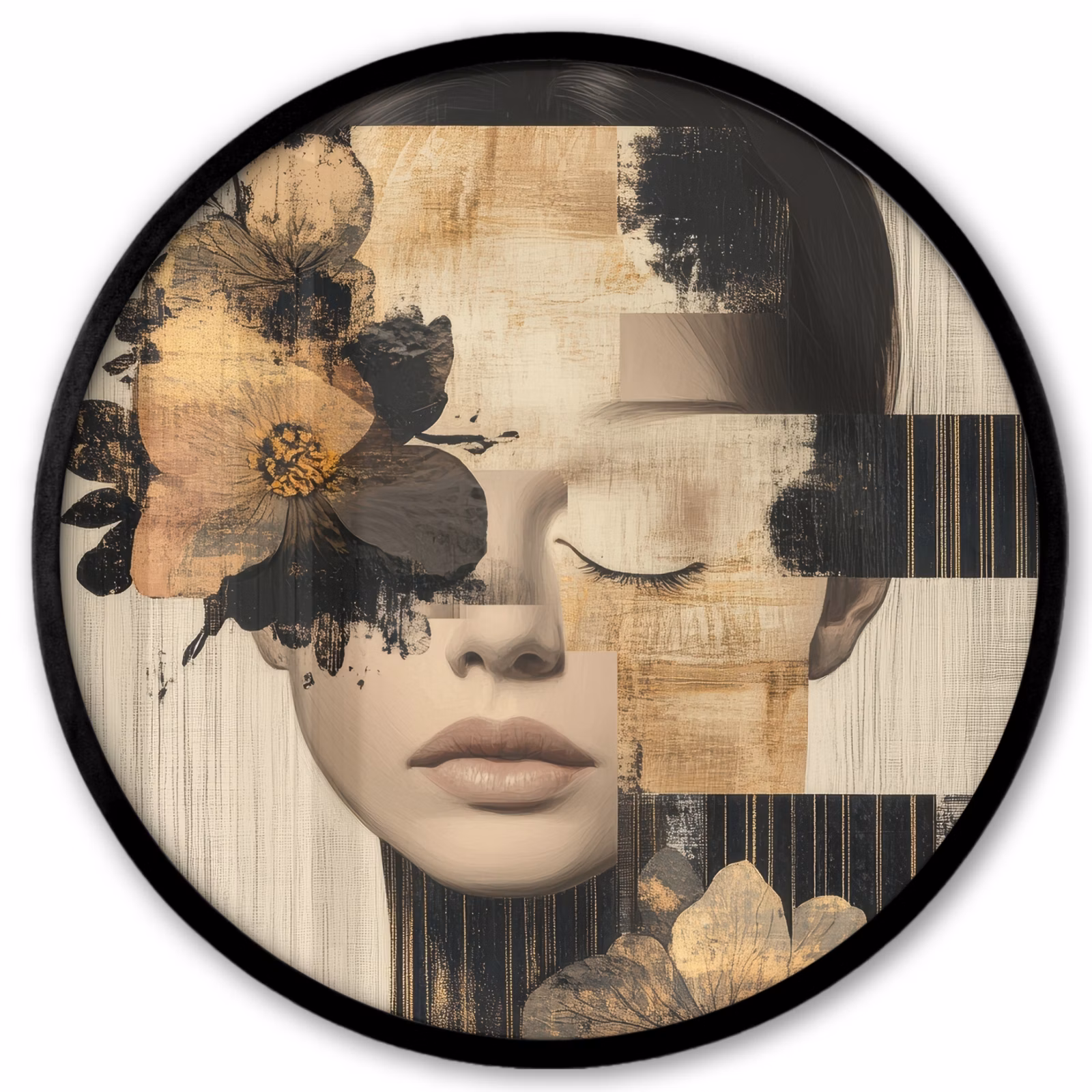 Ronde fotolijst - Gezicht - Bloemen - Zwart - Vrouw — 1