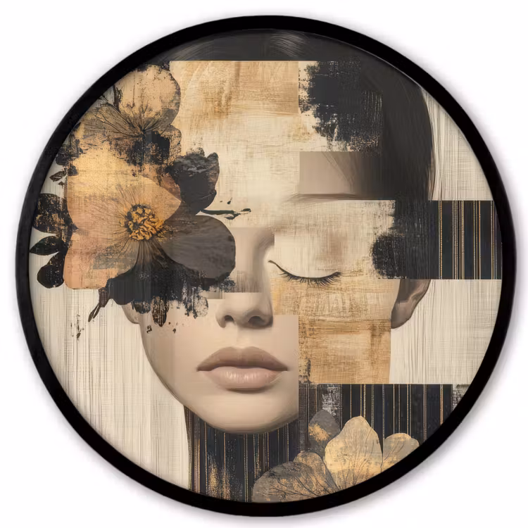 Ronde fotolijst - Gezicht - Bloemen - Zwart - Vrouw — 1
