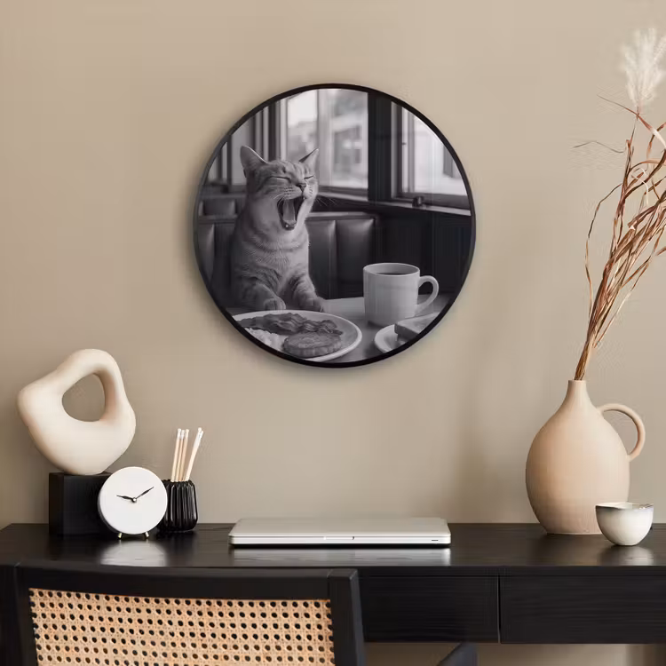 Ronde fotolijst - Kat - Koffie - Brood - Zwart — 3
