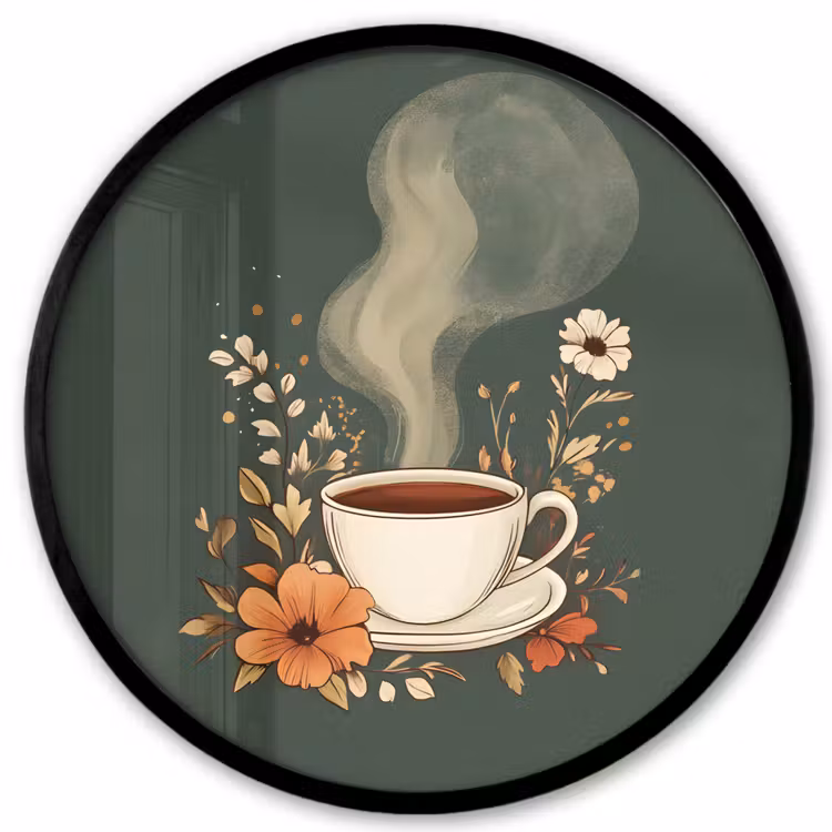 Ronde fotolijst - Kop - Bloemen - Groen - Koffie — 1