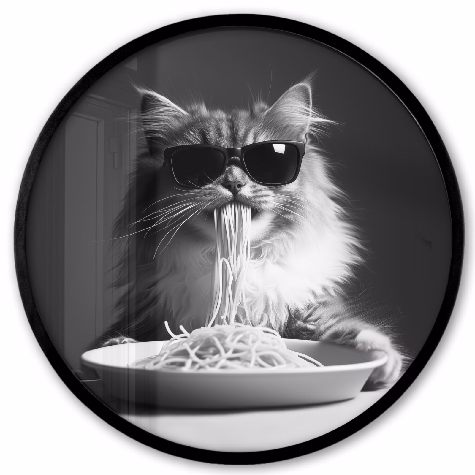 Ronde fotolijst - Langharige kat - Zonnebril - Spaghetti - Humor - Zwart - wit — 1