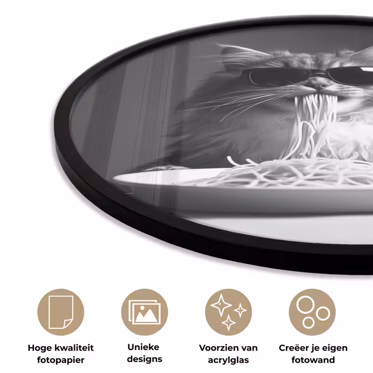 Ronde fotolijst - Langharige kat - Zonnebril - Spaghetti - Humor - Zwart - wit — 2