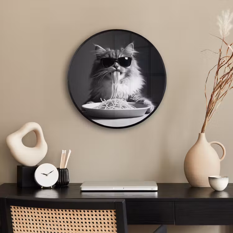Ronde fotolijst - Langharige kat - Zonnebril - Spaghetti - Humor - Zwart - wit — 3