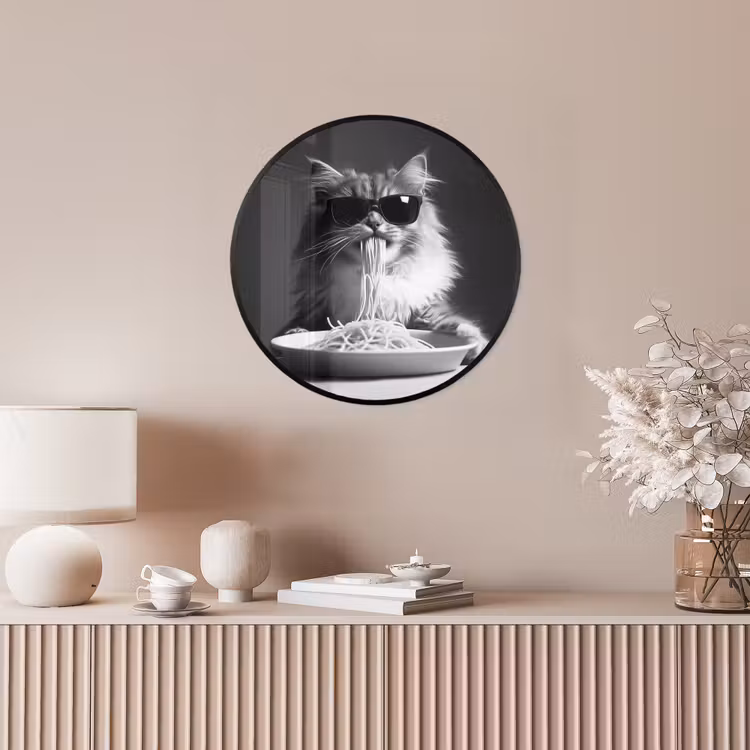Ronde fotolijst - Langharige kat - Zonnebril - Spaghetti - Humor - Zwart - wit — 5