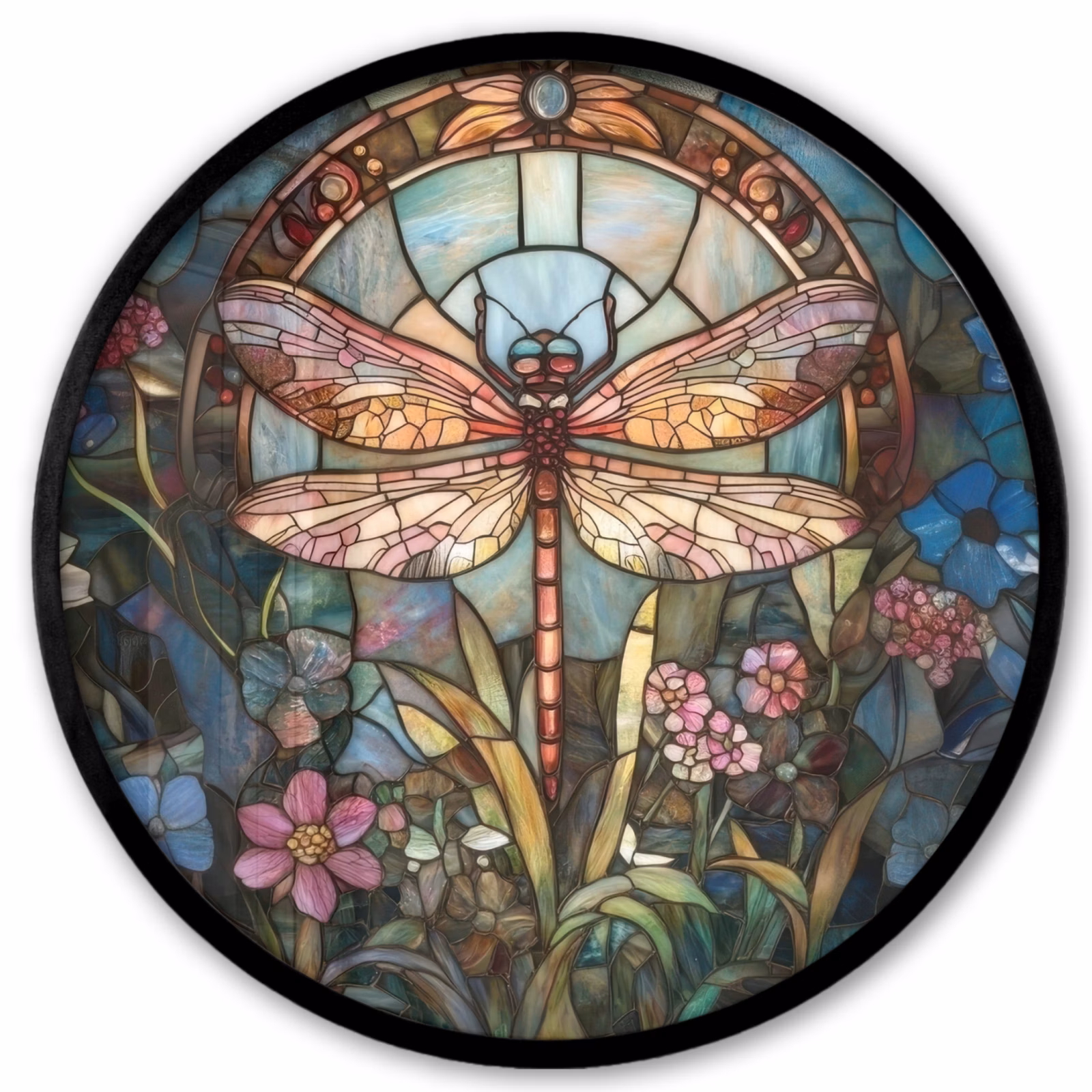 Ronde fotolijst - Libelle - Mozaïek - Bloemen - Kleurrijk — 1