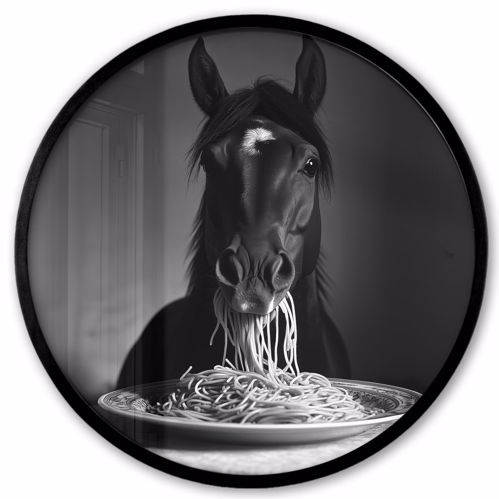 Ronde fotolijst - Paard - Bord - Pasta - Tafelkleed - Zwart Wit - Dieren — 1
