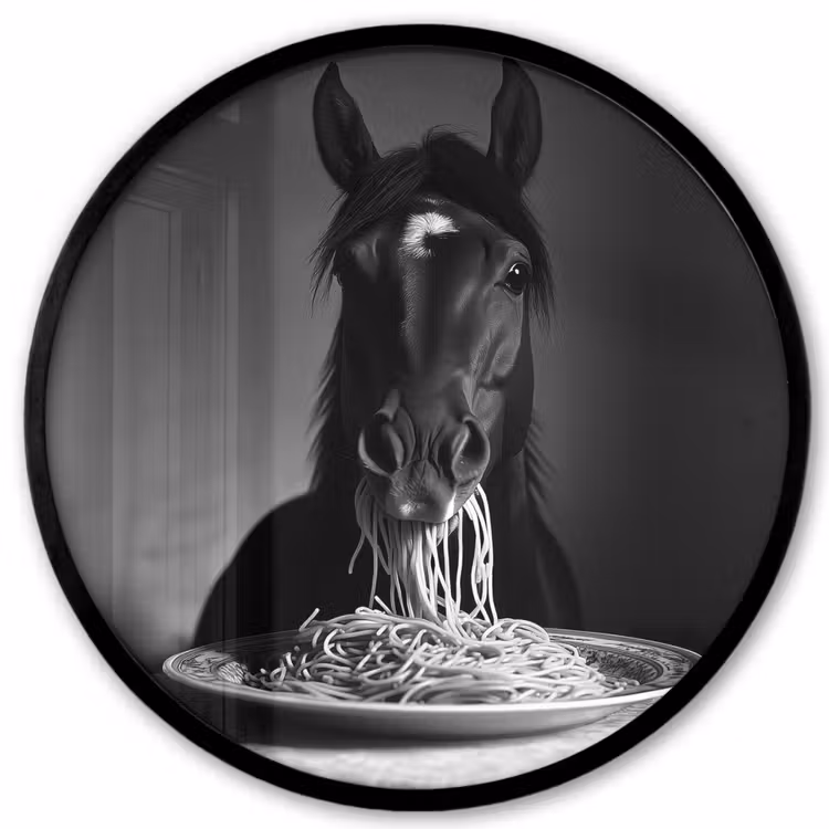 Ronde fotolijst - Paard - Bord - Pasta - Tafelkleed - Zwart Wit - Dieren — 1